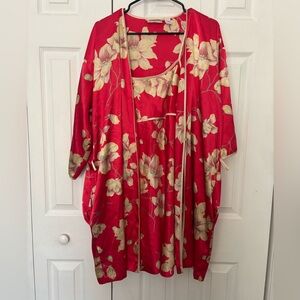 Elegant Red Floral Kimono Robe and Matching Slip
